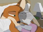 anthro bed bedding blanket cellphone cuddling duo electronics female furniture hug male phone pillow sleeping anothercolouranon disney zootopia judy_hopps nick_wilde canid canine fox lagomorph leporid mammal rabbit red_fox true_fox 4:3 hi_res