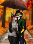 anthro clothed clothing duo female fur hair male male/female raining smile standing umbrella elvofirida dryden_teichmann canid canine deer fox jex mammal