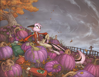 anthro autumn backpack book bottomwear clothed clothing cloud digitigrade female fence field food fruit fur grey_sky hair hoodie long_tail markings midriff navel outside overcast pants pink_body pink_fur pink_hair plant pumpkin scarecrow sky solo striped_markings striped_tail stripes tail tail_markings topwear tree david_lillie dreamkeepers viriathus_vayu hybrid lagomorph leporid mammal rabbit 2011 official_art