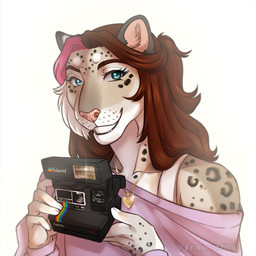 anthro blue_eyes brown_hair camera clothed clothing eyelashes facial_spots female female_anthro front_view fur glistening glistening_eyes grin hair holding_camera holding_object jewelry looking_at_viewer multicolored_hair necklace pink_nose simple_background smile solo spotted_face spotted_shoulders tan_body tan_fur text white_background white_body white_fur white_hair demireality felid mammal 1:1 artist_name bust_portrait portrait
