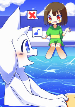 anthro blue_sky blush brown_hair cloud duo female fur hair looking_at_another male musical_note musical_symbol open_mouth outside partially_submerged poolside red_eyes short_hair sitting sky symbol white_body white_fur maro_no_oheya undertale undertale_(series) asriel_dreemurr chara_(undertale) boss_monster_(undertale) bovid caprine human mammal 2016