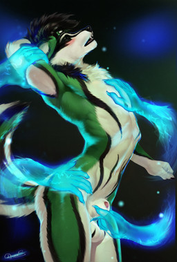 anatomically_correct anatomically_correct_genitalia animal_genitalia anthro arched_back athletic athletic_anthro athletic_male big_butt biped black_background black_body black_fur black_markings butt disembodied_hand erection eyes_closed fur genitals ghost_hand green_body green_fur group hand_on_arm hand_on_chest hand_on_hip looking_pleasured magic male markings multicolored_body multicolored_fur neck_tuft open_mouth penis penis_tip pose sheath sheath_play simple_background skinny soft_abs solo_focus tail tan_body tan_fur teeth three-quarter_view touching_sheath tuft dimonis kilobytefox canid canine fox mammal 2025 digital_media_(artwork) hi_res portrait signature