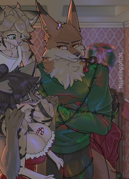 annoyed anthro between_breasts big_breasts black_lips blurred_background bottomwear breasts bubble candy candy_cane claws clothed clothing crossed_arms dark_hair decoration dessert dim_lighting drunk drunk_bubble eyes_closed facial_markings female food fur green_eyes group hair head_markings holding_leg holidays inside lips long_ears long_hair looking_down looking_down_at_another male markings muscular muscular_anthro muscular_male neck_tuft nipple_outline no_bra open_mouth orange_body orange_fur pants red_clothing shirt sitting_on_another sitting_on_shoulders size_difference smoking smoking_pipe standing striped_body striped_fur stripes substance_intoxication sweater teeth topwear tuft whiskers white_body white_clothing white_fur white_shirt white_topwear wrapped thekeepofcat christmas new_year mauser(thekeepofcat) murma_(thekeepofcat) black-footed_cat canid canine felid feline felis fox mammal pallas's_cat absurd_res hi_res