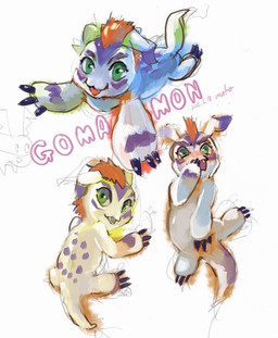 all_fours ambiguous_gender blush claws fangs fur hair long_ears looking_back lying mohawk on_back open_mouth simple_background solo teeth text white_body white_fur unknown_artist bandai_namco digimon aquatic digimon_(species) gomamon mammal patamon pinniped multiple_images source_request