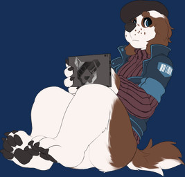 5_fingers anthro beret black_nose blue_eyes bottomless brown_body brown_fur claws clothed clothing electronics fingers floppy_ears fur hat headgear headwear jacket looking_at_viewer lop_ears male shirt simple_background solo tablet tablet_computer toe_claws topwear transparent_background white_body white_fur seth-iova canid canine canis domestic_dog mammal 2016 alpha_channel
