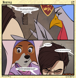 anthro beak black_nose border brown_eyes clothed clothed_anthro clothed_female clothing conjoined_speech_bubble countershade_face countershade_fur countershading dialogue eyebrows eyelashes eyes_closed feather_hands feathers female female_anthro fingers fur group headdress holding_needle holding_object holding_sewing_needle inside insignia iris light_body light_skin looking_at_viewer male male_human narrowed_eyes needle_and_thread nobleman on_model open_mouth page_number pupils question raised_eyebrow sewing_needle shield sitting snout speech_bubble standing stone_wall surgical_suture surprised talking_to_another text title trio wall_(structure) wall_decoration wide_eyed wimple winged_arms wings yellow_sclera sir_paulus disney robin_hood_(disney) lady_kluck maid_marian pavel_(sir_paulus) avian bird canid canine canis chicken fox galliform human mammal phasianid artist_name comic english_text hi_res