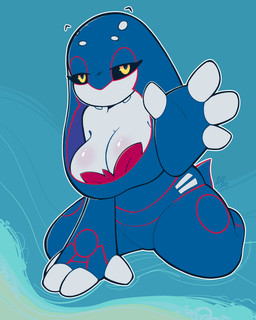 anthro anthrofied bedroom_eyes big_breasts blue_body breasts cleavage clothed clothing female huge_breasts kneeling kneeling_on_ground looking_at_viewer markings multicolored_body narrowed_eyes overweight overweight_anthro overweight_female pokemorph pseudo_clothing seductive simple_background solo thick_thighs two_tone_body water white_body wide_hips yellow_eyes conditional_dnp fervourbunny nintendo pokemon kyu_(artesjsc) aquatic generation_3_pokemon kyogre legendary_pokemon pokemon_(species) 2025 4:5 absurd_res digital_media_(artwork) hi_res signature