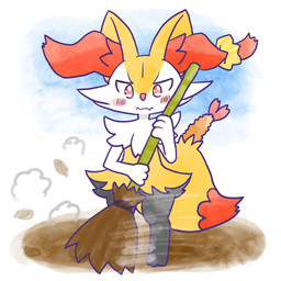 ambiguous_anthro ambiguous_gender anthro biped broom cleaning_tool digitigrade dipstick_tail dust flesh_fang food front_view holding_broom holding_cleaning_tool holding_object leaf markings motion_lines mouth_closed no_pupils object_in_tail shrimp_(food) simple_background solo standing sweeping tail tail_markings annyui0611 nintendo pokemon braixen canid generation_6_pokemon mammal pokemon_(species) 1:1 2023 digital_drawing_(artwork) digital_media_(artwork) full-length_portrait hi_res japanese_description portrait translated_description
