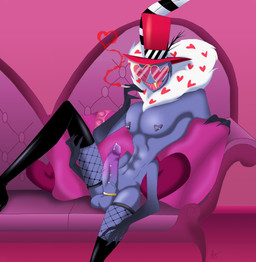 anthro balls bodily_fluids cigarette clothing condom cum erection eyewear fishnet_clothing fishnet_legwear furniture genital_fluids genital_piercing genitals glasses hat headgear headwear legwear male multi_limb nipple_piercing nipples nude penis penis_piercing piercing pillow purple_body red_eyes sexual_barrier_device sharp_teeth smile smoking sofa solo teeth darkmystictulip hazbin_hotel hellaverse valentino_(hazbin_hotel) arthropod demon insect lepidopteran moth absurd_res hi_res
