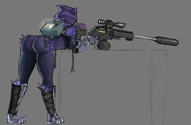 anthro arm_tuft armor armored_boots bent_over big_butt butt clothing female fur gauntlets gloves grey_background gun handwear hip_tuft holding_gun holding_object holding_ranged_weapon holding_weapon purple_body purple_fur purple_hood ranged_weapon rear_view rifle shoulder_tuft simple_background sniper_rifle solo thick_thighs tuft weapon wide_hips hoja_dp epic_games fortnite raven_team_leader bear mammal