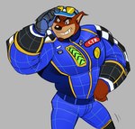 anthro beard biped blue_clothing clothed clothing eyewear facial_hair fully_clothed fur grey_background hand_on_hip hat headgear headwear male muscular racing_suit simple_background solo sunglasses thick_thighs polartoons activision crash_bandicoot_(series) crash_team_racing_(series) crunch_bandicoot bandicoot mammal marsupial 2022 digital_media_(artwork) hi_res portrait three-quarter_portrait