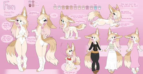 anthro clothed clothing collar female fen_(ittybittiestpawz) feral hair leash leashed_collar long_hair solo underwear ittybittiestpawz canid canine fennec_fox fox mammal true_fox hi_res model_sheet