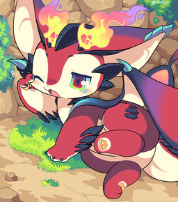 blush feral kemono lying male on_ground on_side one_eye_closed open_mouth pawpads raised_leg solo toony young young_feral young_male dogblin league_of_legends riot_games tencent smolder_(lol) imperial_dragon_(lol) 2025 chinese_description hi_res