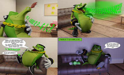 4_panel_comic abdominal_bulge anthro black_clothing black_footwear black_shoes black_sneakers bodily_fluids burp_cloud burping burping_up_object chain clothing dialogue duo electronics footwear furniture gloves gold_(metal) gold_chain green_body green_clothing green_footwear green_scales green_shoes hand_on_belly handwear headphones heart_symbol looking_pleasured male male_pred male_prey motion_lines on_sofa saliva scales shoes sitting sitting_on_sofa sofa speech_bubble swallowing text vore white_clothing white_gloves white_handwear willing_prey vorefan16 sega sonic_the_hedgehog_(series) fan_character khalfani_'khal'_the_lion vector_the_crocodile crocodile crocodilian felid lion mammal pantherine reptile scalie 2023 3d_(artwork) digital_media_(artwork) english_text hi_res