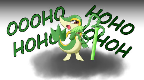 brown_eyes grass_sword green_body green_tail laugh melee_weapon narrowed_eyes open_mouth plant smile solo sword tail tan_body tan_tail vines weapon yellow_body yellow_tail fokkorev nintendo pokemon generation_5_pokemon pokemon_(species) snivy 2021 hi_res