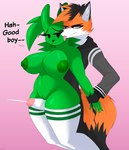 absurd_res anthro areola big_breasts biped bodily_fluids breasts canid canine clothed clothing cum cumshot dialogue ejaculation english_text eyelashes female fox fox_(foxsuo) foxsuo genital_fluids genitals good_boy green_body hi_res humanoid legwear male male/female mammal miino_(slime_amiibo) nipples penis pupils pussy sex text thigh_highs thigh_sex
