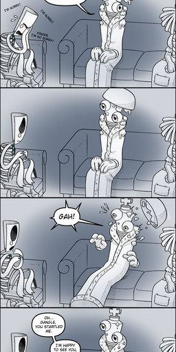 anthro chess_piece female furniture group male nervous sitting smile sofa speech_bubble text absolutedream glitch_productions the_amazing_digital_circus gangle_(tadc) jax_(tadc) kinger_(tadc) ragatha_(tadc) lagomorph leporid mammal rabbit absurd_res comic english_text hi_res long_image tall_image