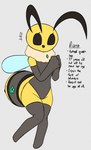 antennae_(anatomy) anthro armwear arthropod_abdomen biped clothed clothing elbow_gloves female front_view gloves grey_background grey_clothing handwear insect_wings legwear leotard looking_at_viewer neck_tuft simple_background solo text thigh_highs tuft wings yellow_body woebeeme bug_fables moonsprout_games diana_(woebeeme) fan_character arthropod bee hymenopteran insect english_text