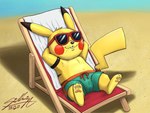 beach bottomwear clothing eyewear feral glasses lying male shorts solo swimming swimming_trunks swimwear sagadreams third-party_edit nintendo pokemon generation_1_pokemon pikachu pokemon_(species) 4:3 hi_res