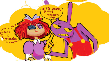 alternative_fashion anthro black_eyes blue_clothing blue_dress button_(fastener) clothed clothing doll dress duo eyelashes eyes_closed female fur gloves hair handwear j-fashion lolita_(fashion) long_ears male overalls purple_body purple_ears purple_fur rag_doll_(toy) red_clothing red_hair red_nose red_overalls short_hair sweet_lolita tan_body text thought_bubble yellow_clothing yellow_gloves yellow_handwear yellow_sclera light-koe-pinsky glitch_productions the_amazing_digital_circus jax_(tadc) ragatha_(tadc) animate_inanimate lagomorph leporid living_doll living_toy mammal rabbit english_text hi_res
