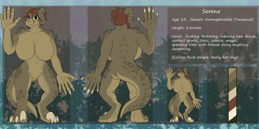 anthro big_breasts breasts brown_hair claws featureless_breasts featureless_crotch female hair huge_breasts nude ponytail solo text toe_claws sergefoxpaws fallout microsoft deathclaw reptile scalie 2022 digital_media_(artwork) english_text hi_res model_sheet herm_(lore)