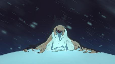 anthro antlers biped blizzard_(weather) blonde_hair brown_body brown_fur clothed clothing detailed_background female female_anthro front_view fur hair hair_over_eyes horn kneeling long_hair snout snow snowgrave snowing solo mengmang777 deltarune undertale_(series) noelle_holiday deer mammal new_world_deer 2026 digital_drawing_(artwork) digital_media_(artwork) english_description hi_res