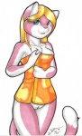 anthro blonde_hair blue_eyes bottomless breasts clothed clothing female genitals hair looking_at_viewer pussy solo tail towel towel_only os cherii domestic_cat felid feline felis mammal