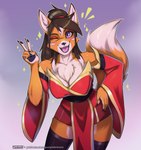 anthro breasts cleavage clothed clothing female gesture hair hand_gesture legwear one_eye_closed solo stockings thigh_highs v_sign wink purplelemons kumiho_(purplelemons) canid canine fox mammal digital_media_(artwork) hi_res shaded