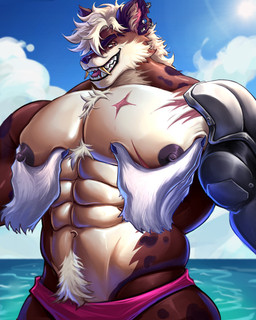 anthro brown_body brown_fur chest_tuft ear_piercing floating_hands fur gold_(metal) gold_tooth male markings mechanical_arm moobs muscular muscular_male piercing scar solo spots spotted_body tan_body tan_fur tuft arcanodraws ashton_kohler hyena mammal spotted_hyena absurd_res hi_res