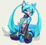 2023 anthro blue_body blue_eyes blue_fur blue_hair breasts canid canine clothed clothing cosplay crossover crossover_cosplay dipstick_tail electronics female fluffy fluffy_tail fox fully_clothed fur fur_markings hair hatsune_miku headgear headphones headset hi_res krystal_(star_fox) legwear looking_at_viewer mammal markings necktie nintendo nipple_outline oughta pigtails smile solo star_fox stockings tail tail_markings thigh_highs topwear vest vocaloid