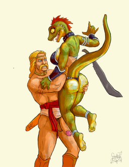 anthro armor blonde_hair blood bodily_fluids carrying_another clawing dominant duo female female_anthro female_on_human frill_(anatomy) green_body hair human_on_anthro interspecies interspecies_domination male male/female male_human male_on_anthro melee_weapon membrane_(anatomy) membranous_frill scratches simple_background standing sword weapon guttahpup human mammal reptile scalie hi_res
