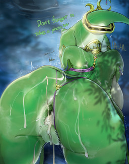 after_anal after_sex anus bent_over big_butt biped bodily_fluids breasts butt clothed clothing clothing_aside cum cum_in_ass cum_inside cum_on_butt dialogue faceless_character female gaping gaping_anus genital_fluids genitals glistening glistening_body green_body leaking_cum purple_clothing skimpy solo text thong thong_aside three-quarter_view underwear underwear_aside vulva mdthetest nintendo the_legend_of_zelda yona_(tloz) aquatic humanoid zora absurd_res hi_res