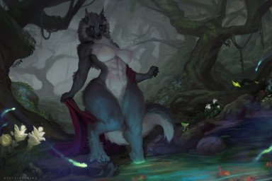 abs anthro athletic athletic_anthro athletic_female breasts clothing dress featureless_breasts female fluffy fluffy_tail forest fur medium_breasts muscular muscular_anthro muscular_female night plant solo tail thick_thighs tree undressing water white_body white_fur wide_hips conditional_dnp reddyrennard mythology eleniel canid canine canis mammal mythological_canine mythological_creature werecanid werecanine werecreature werewolf wolf 2025 3:2 digital_media_(artwork) hi_res