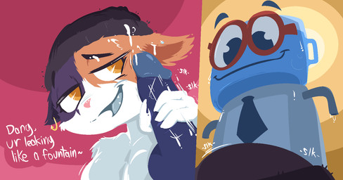 anthro balls bodily_fluids duo female genital_fluids genitals handjob nude penile penis sex simple_background text water_cooler opossumpaladin epic_games fortnite jackbox_games job_job the_jackbox_party_pack m._bubbles meow_skulls calico_cat domestic_cat felid feline felis humanoid mammal colored digital_media_(artwork) english_description english_text hi_res shaded nonbinary_(lore)