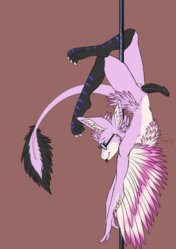 3_toes ambiguous_gender anthro blep blue_eyes crossed_legs dancing eyewear feathers feet flexible genitals glasses male paws penis pink_body pole pole_dancing solo tail toes tongue tongue_out finnytay kerolink avali absurd_res hi_res