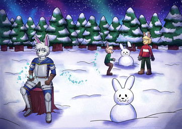 anthro female group male snow trio rsbr lagomorph leporid mammal rabbit absurd_res hi_res