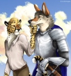 anthro armor chin clothed clothing detailed_background duo fully_clothed knight male male/male medieval page_(servant) romantic romantic_couple stare tail warrior blackteagan caylen_larodis vahn_draku canid canine canis cheetah coyote felid feline mammal