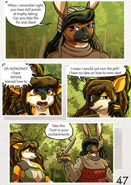 anthro big_breasts black_hair breasts brown_body brown_eye brown_eyes brown_fur brown_hair fantasy female fur hair large_spitz long_hair markings medieval red_eyes spots spotted_body spotted_fur text the_quest_for_quests white_body white_fur yellow_body yellow_fur zaiksmckraven tqfq madlaine_mckraven megan_bryar canid canine canis domestic_dog german_spitz lagomorph leporid mammal rabbit spitz absurd_res comic english_text hi_res