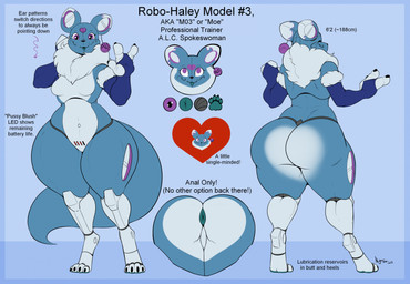 3_fingers anthro anus anus_only armwear blue_anus blue_body blue_ears blush body_blush breasts butt clothing color_swatch curvy_figure ear_piercing ear_ring featureless_breasts featureless_crotch female fingers fur genitals heart_(marking) heart_symbol jewelry machine mane markings null piercing purple_eyes ring_piercing simple_background solo standing tail text thick_thighs tuft voluptuous white_body white_fur nightfaux bandai_namco digimon robo-haley_(nightfaux) canid digimon_(species) mammal renamon robot 2023 english_text hi_res model_sheet
