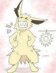 ambiguous_gender anthro blush cartoon_nudity fur nude semi-anthro smile solo teeth toothy_grin yellow_body yellow_fur brown_tail_(artist) nintendo pokemon canid canine canis eeveelution generation_1_pokemon jolteon mammal pokemon_(species) hi_res