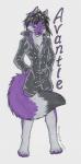 ambiguous_gender anthro blue_eyes clothing fluffy fluffy_tail fur looking_at_viewer purple_body purple_fur simple_background smile solo tail bushycat avantle canid canine fennec_fox fox mammal true_fox 2014 absurd_res hi_res