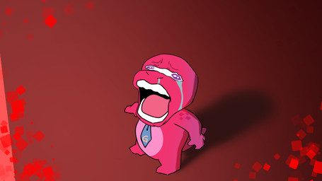accessory anthro bodily_fluids crying humor male necktie pink_body solo tears catsockjus crying_chopper gameoverse glitch_productions gobbles_(gameoverse) dinosaur prehistoric_species reptile scalie 16:9 meme widescreen