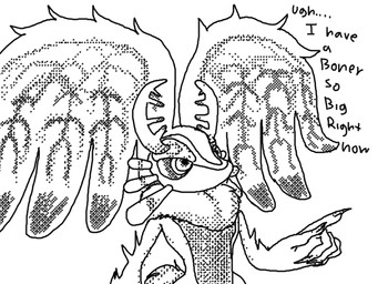 ambiguous_gender anthro antlers biped chest_tuft countershading dialogue ellipsis fingernails fluffy fluffy_tail gesture hand_gesture head_wings horn huge_wings mouthless multicolored_eyes nails neck_tuft pointing pupils raised_arm simple_background solo tail text three-quarter_view tuft unusual_wing_placement white_background wings beepogen kirby_(series) nintendo fecto_elfilis alien chinchilla chinchillid mammal rodent starling_(kirby) 2026 4:3 black_and_white digital_drawing_(artwork) digital_media_(artwork) english_description english_text half-length_portrait hi_res monochrome portrait sketch