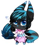 ambiguous_gender anthro black_body black_fur black_hair blue_ears blue_eyes blue_hair blue_highlights blue_markings blue_nose bow_ribbon chibi clothing dress facial_markings feathered_tail feathers fur fur_tuft furry_tail hair head_markings highlights_(coloring) long_ears long_tail markings medium_hair pink_clothing pink_dress smile solo striped_ears tail tail_feathers tuft fizzyembers tizzle_bizzle fayette_frost unknown_species