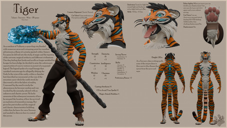 anthro biped blue_eyes border claws clothing fangs feet fluffy fluffy_tail footwear fur furgonomic_footwear furgonomics happy magic_user male multicolored_body multicolored_fur open_mouth orange_body orange_border orange_fur pattern_background paws simple_background solo tail teeth text toe_claws toes tongue tongue_out white_body white_fur marusak dungeons_and_dragons hasbro wizards_of_the_coast felid feline mammal pantherine tabaxi tiger 16:9 3d_(artwork) 4k absurd_res digital_media_(artwork) english_text hi_res model_sheet widescreen