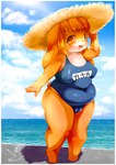 4_fingers anthro belly biped blue_clothing blue_swimwear breasts camel_toe clothed clothing detailed_background exposure_variation female fingers fur hair hat headgear headwear kemono logo medium_breasts name_tag nipple_outline obese one-piece_swimsuit open_mouth open_smile orange_body orange_fur orange_hair overweight overweight_anthro overweight_female school_swimsuit sea seaside slightly_chubby slightly_chubby_anthro slightly_chubby_female smile solo standing straw_hat swimwear tight_clothing water usssar12 tsukumo_(usssar12) lagomorph leporid mammal rabbit 2020 artist_logo artist_name hi_res