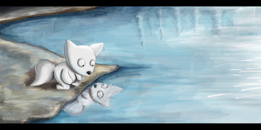 ambiguous_gender anthro black_border black_nose border fur logo nude reflection solo tail water white_body white_ears white_fur white_tail young young_ambiguous young_anthro pandapaco canid canine mammal artist_logo signature