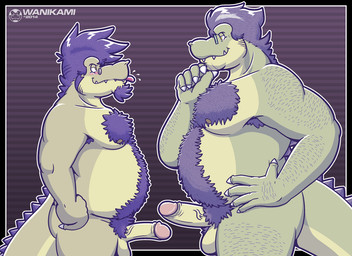 anthro arm_hair armpit_hair ball_size_difference ball_tuft balls beard belly_hair blush body_hair chest_hair chest_tuft comparing comparing_penis duo erection eyewear facial_hair forearm_hair forearms foreskin fur genitals glasses goatee green_body green_scales hair hairy hairy_hands hairy_legs hand_on_hip happy_trail humanoid_genitalia humanoid_penis male male/male nipples nude penis pubes purple_hair realistic_penis_size retracted_foreskin scales sharp_teeth shoulder_hair slightly_chubby standing teeth tongue tongue_out tuft vein veiny_penis wanikami sobek_(character) suchos crocodile crocodilian krokodyle reptile scalie 11:8 2014 father_(lore) father_and_child_(lore) father_and_son_(lore) incest_(lore) parent_(lore) parent_and_child_(lore) parent_and_son_(lore) son_(lore)