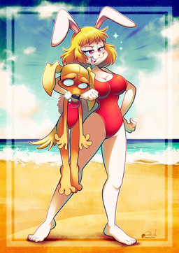 3_toes anthro beach big_breasts blonde_hair blush bodily_fluids breasts brown_body chokehold clothing duo feet female hair holding_character one-piece_swimsuit outside sand size_difference smile spiral spiral_eyes sweat swimwear tail toes water white_body vaporotem brandy_and_mr._whiskers disney one_piece brandy_harrington carrot_(one_piece) canid canine canis domestic_dog lagomorph leporid mammal rabbit 2025 hi_res