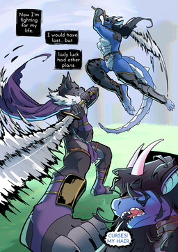 angry anthro areola armor belt biped blue_body blush breasts butt chainmail clothed clothing dialogue duo feet female female_anthro fluffy footwear fur genitals hair heart_symbol horn humanoid_genitalia humanoid_vulva knight male male_anthro medium_breasts melee_weapon nipples plantigrade smile socks speech_bubble sword swordfight symbol tail text toe_socks toeless_footwear tongue vulva warrior weapon kandi_deer mythology weredog_(copyright) sapphire_(weredog) canid canine canis dragon mammal mythological_creature mythological_scalie scalie wolf absurd_res comic english_text hi_res